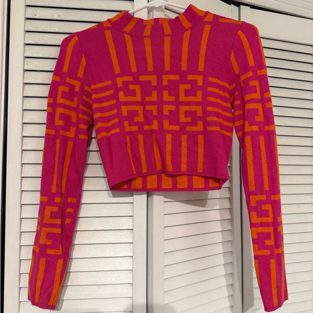 Pink and Orange Geometric Crop Top (Size S)